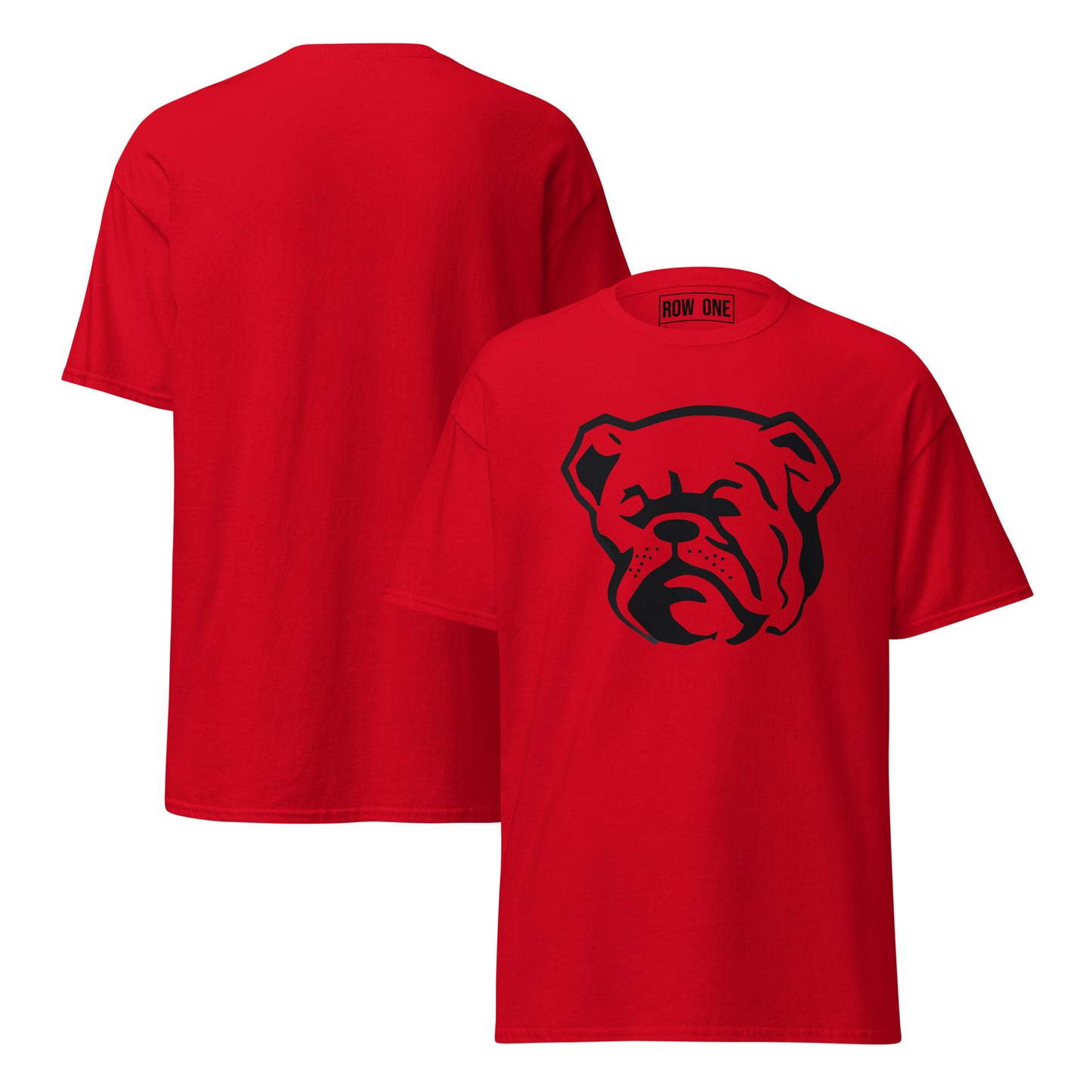 Red t-shirt with bulldog and Row One trademark in neck label