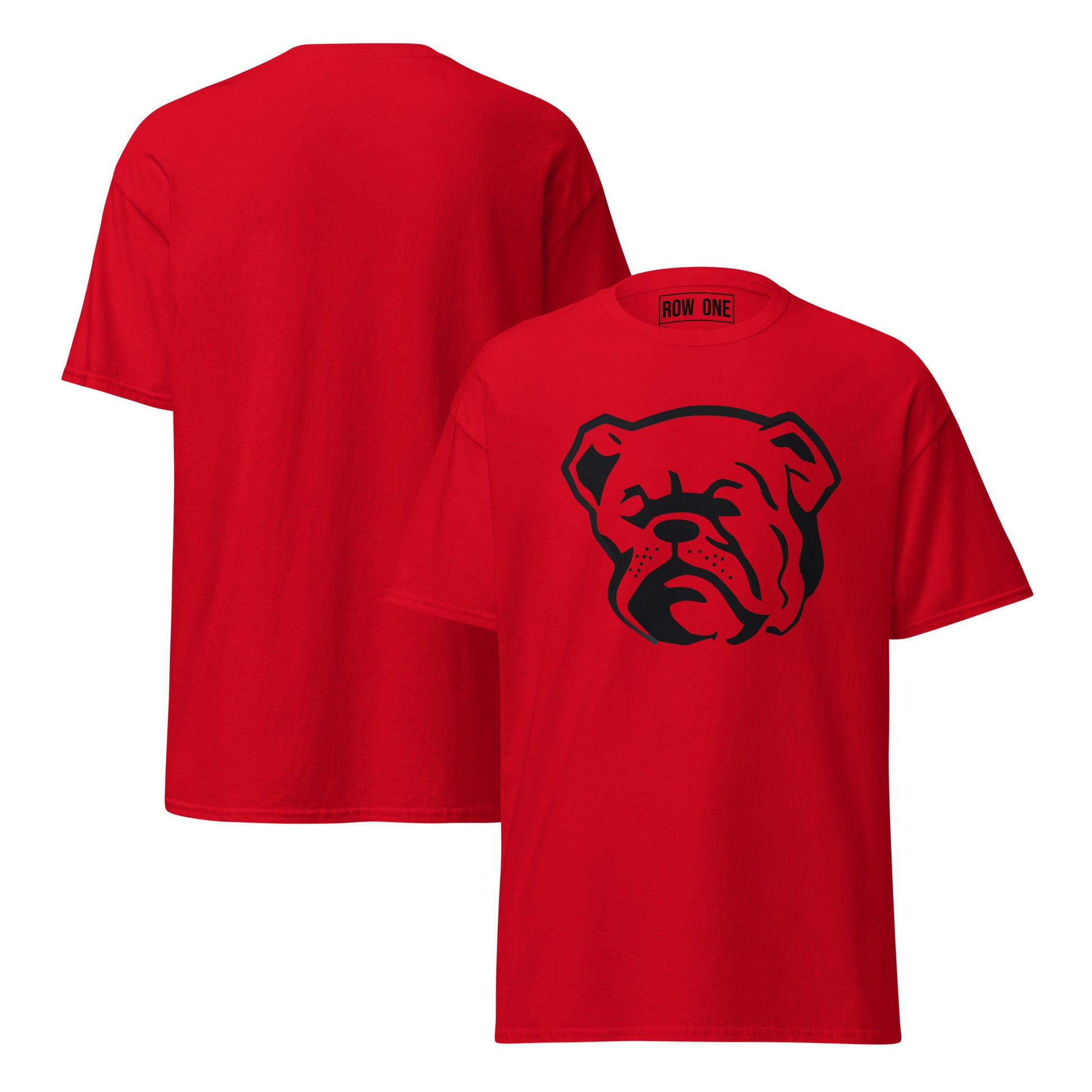 Red t-shirt with bulldog and Row One trademark in neck label