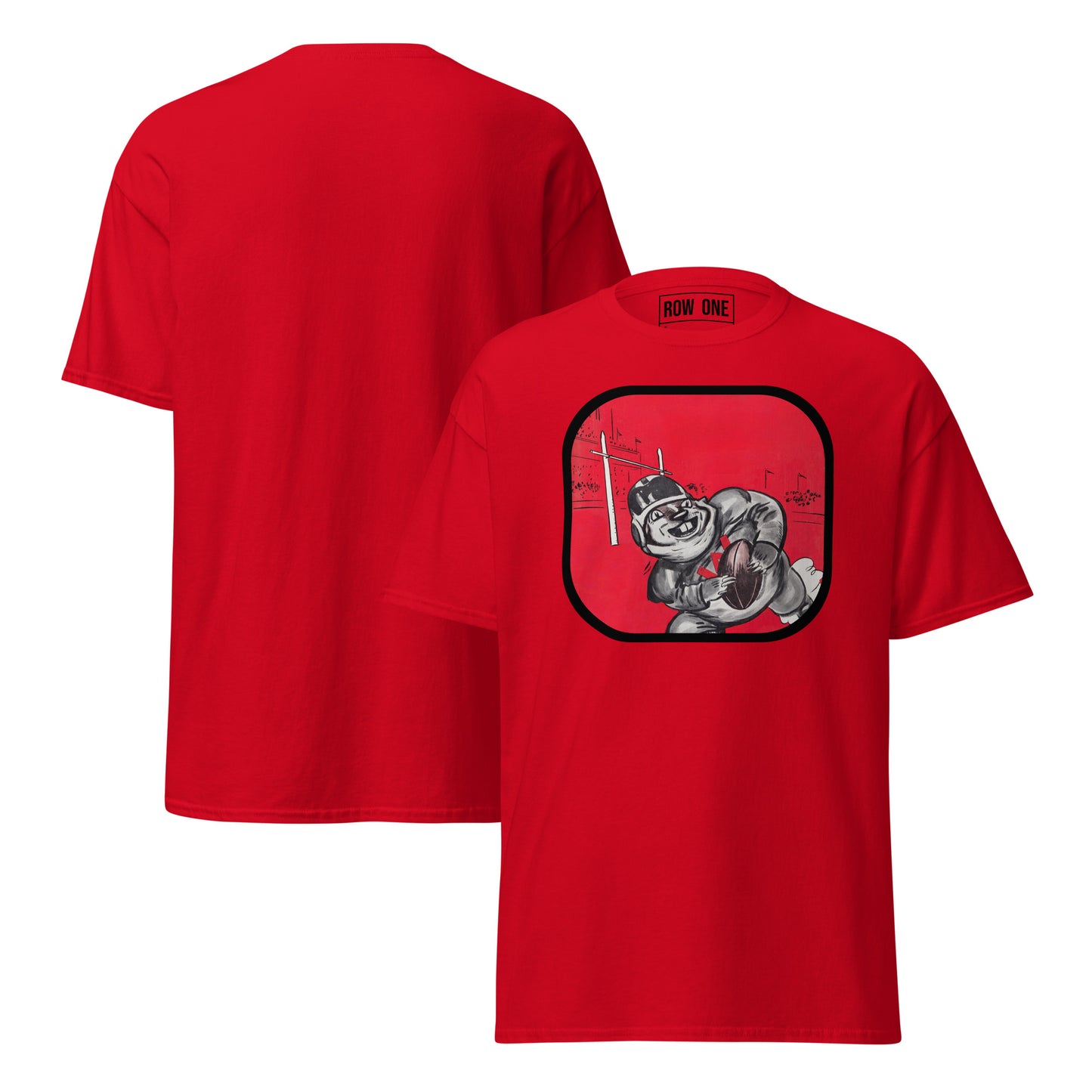 A red short-sleeve t-shirt shown from both front and back. The front features a graphic of a cartoon animal wearing a football helmet and holding a football inside a rounded black square.