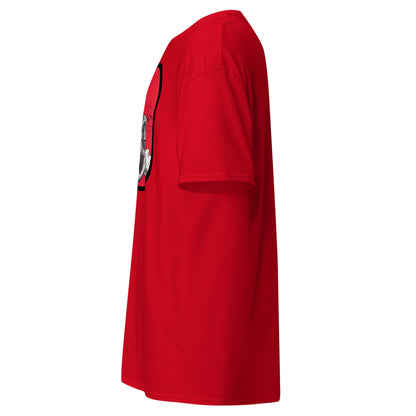A red short-sleeve t-shirt shown from a side profile view, featuring a graphic print on the back with black, white, and gray details.