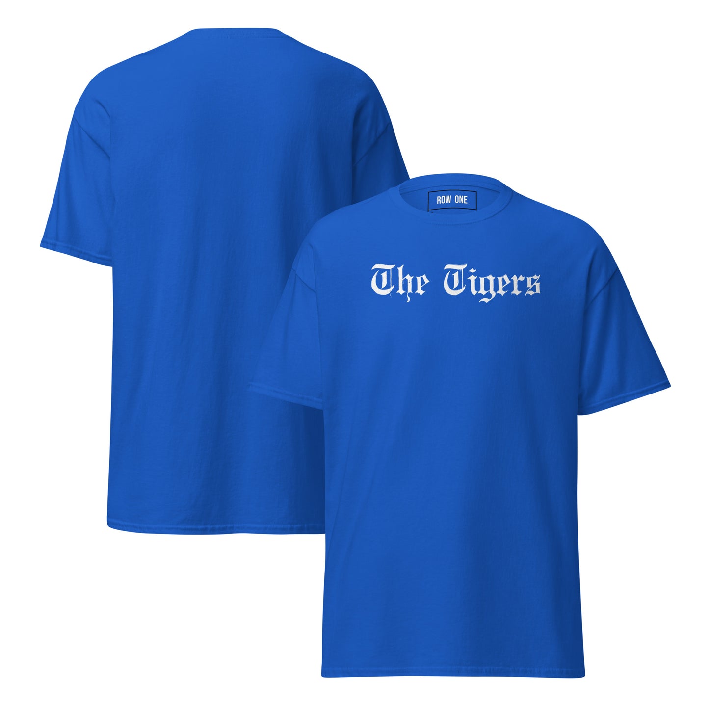 Blue t-shirt with "The Tigers" on a white background and Row One trademark in label.