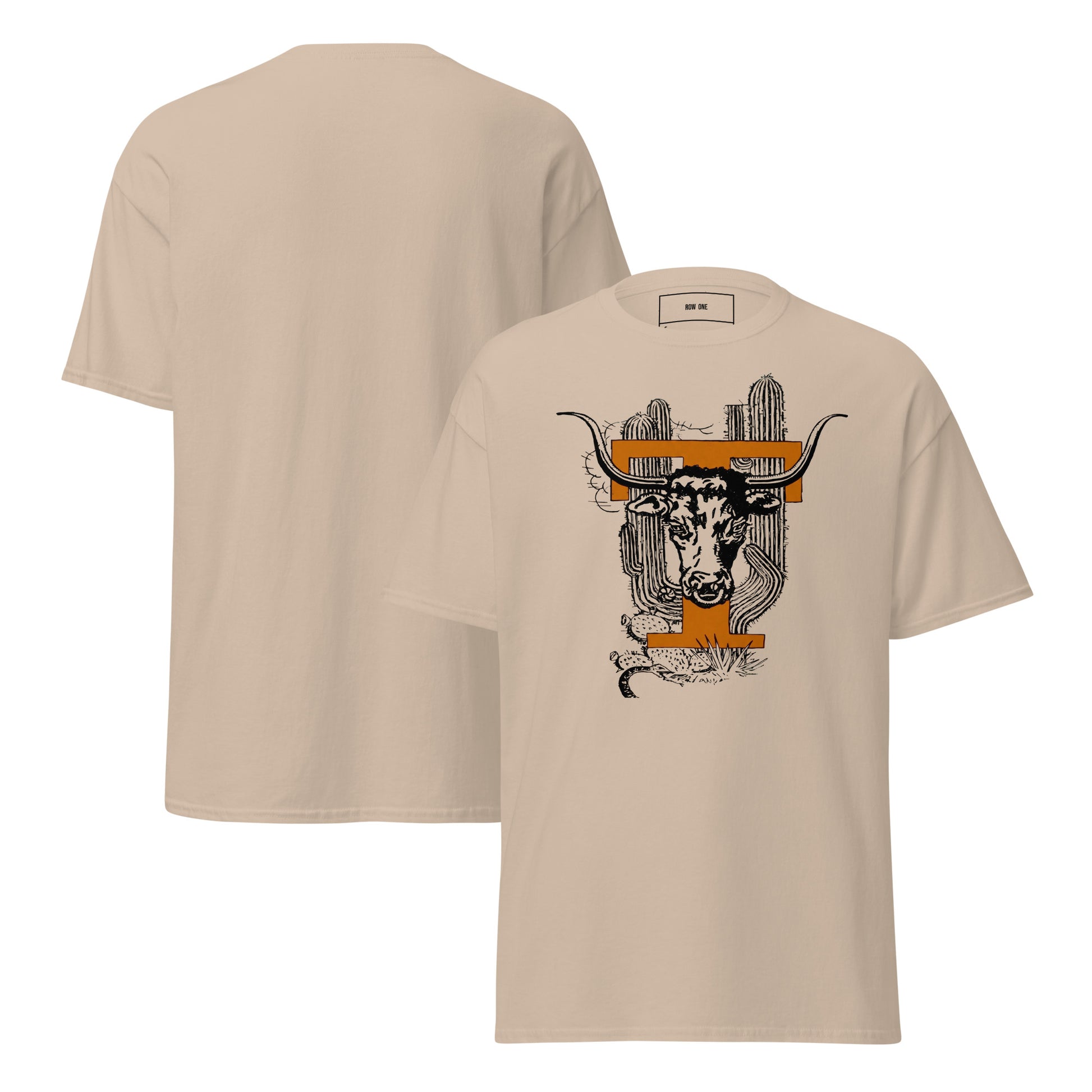 A Row One Brand beige short-sleeve t-shirt shown from both front and back. The front features a graphic print of a longhorn steer's head with a black and white illustration