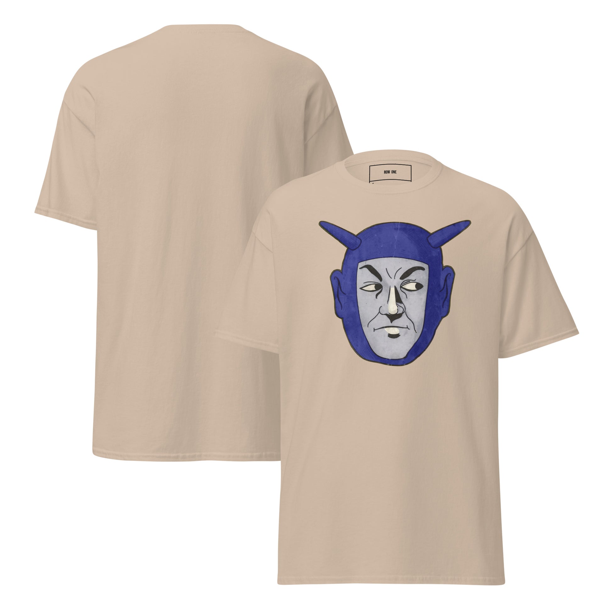 A beige short-sleeve crewneck t-shirt shown from both front and back. The front features a graphic print of a stylized blue and gray horned character's face.