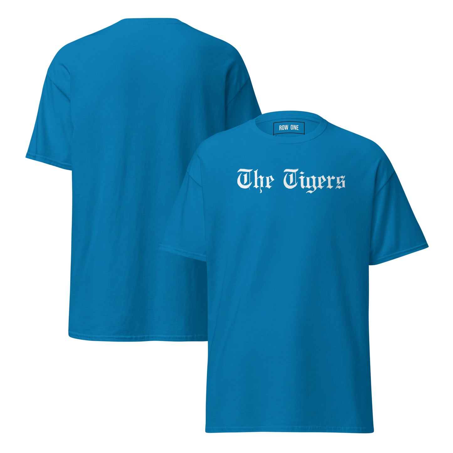 Blue t-shirt with "The Tigers" on a white background and Row One trademark in label.