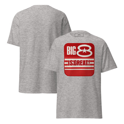 A heather gray short-sleeve t-shirt shown from both the front and back. The front features a red graphic print with white text reading 'BIG 8 IS GREAT!' inside a rounded red square.
