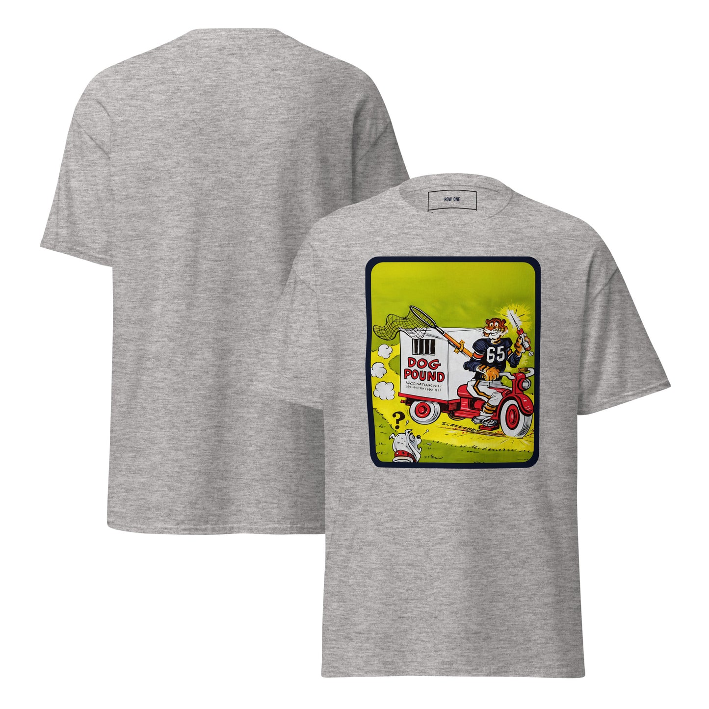 A gray short-sleeve t-shirt shown from both front and back. The front features a large square graphic print on the chest depicting a tiger with a net riding a vehicle labeled "Dog Pound" and a bulldog with a question mark over his head.