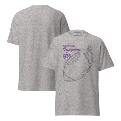 Row One Brand Gray t-shirt with 1938 vintage football graphic with frog wearing a crown, displayed from front and back views.