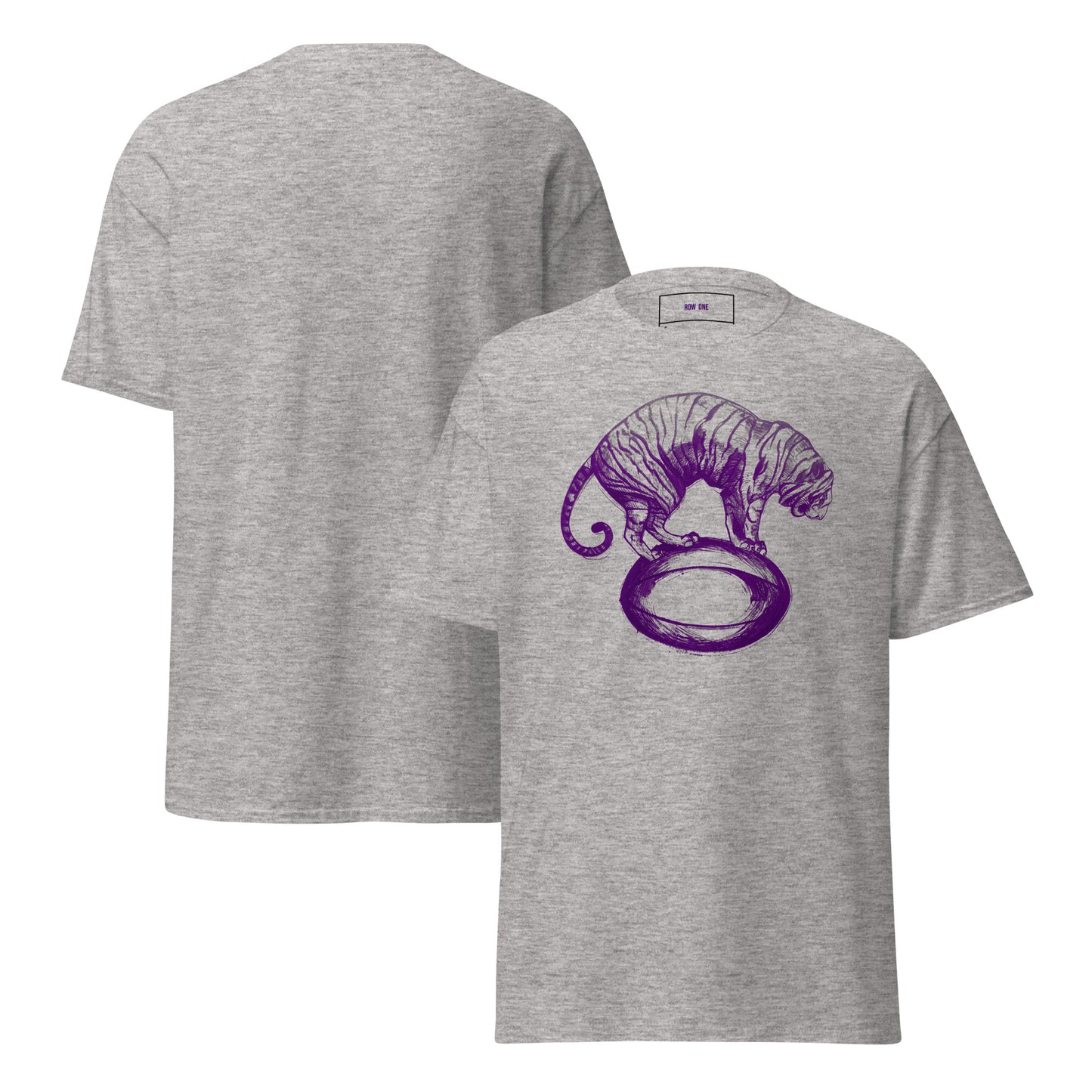 A Row One Brand vintage college football tee gray short-sleeve crewneck t-shirt shown from both the front and back. The front features a purple line-art graphic of a tiger standing on a early 1900s round football.