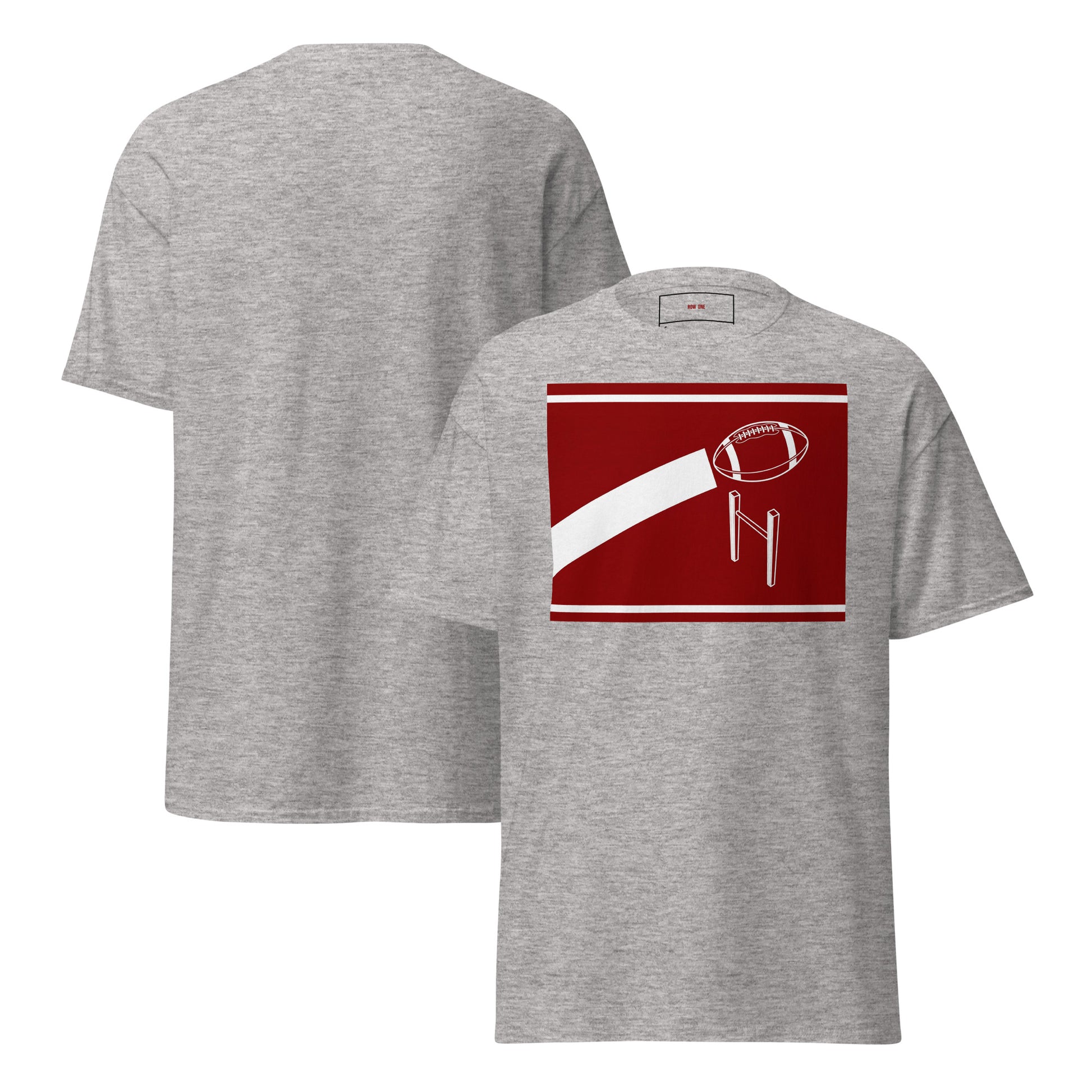 A heather gray short-sleeve t-shirt shown from both front and back. The front features a Row One Brand 1975 Field Goal art print red rectangular graphic with a white and red football and goal post design, while the back is solid gray.