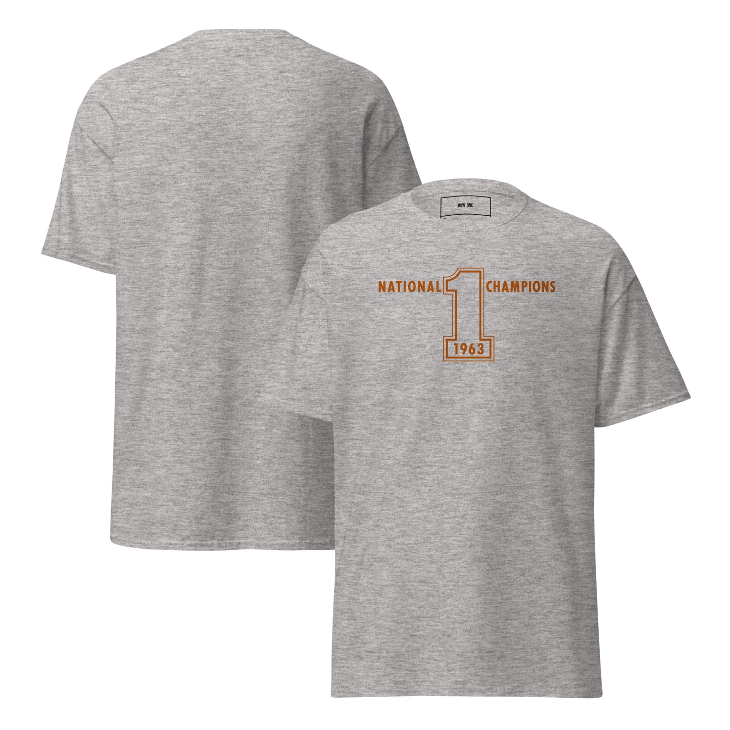 Row One Brand vintage college football tee Gray t-shirt with 1963 National Champions text and #1 design on the front, displayed from front and back views.