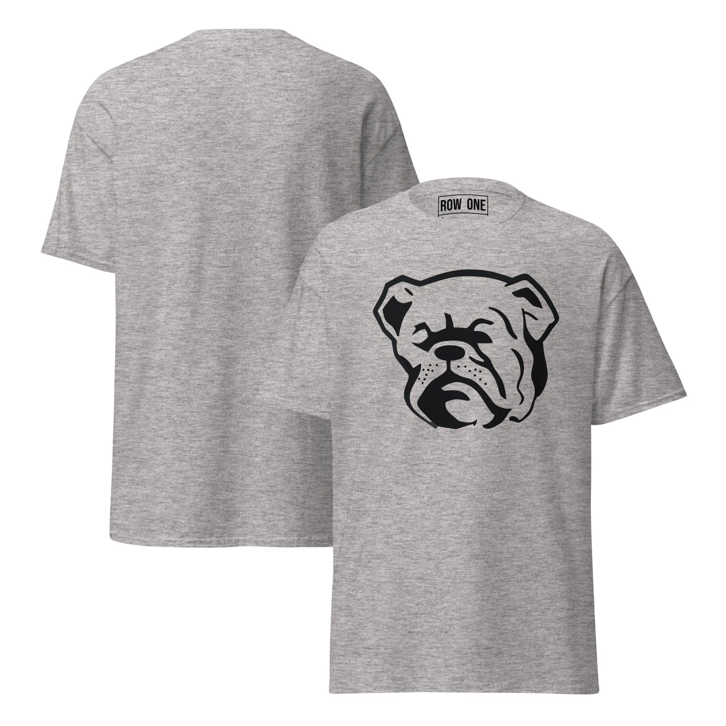 Gray t-shirt with bulldog and Row One trademark in neck label