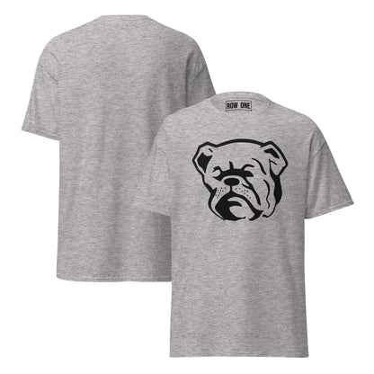 Gray t-shirt with bulldog and Row One trademark in neck label