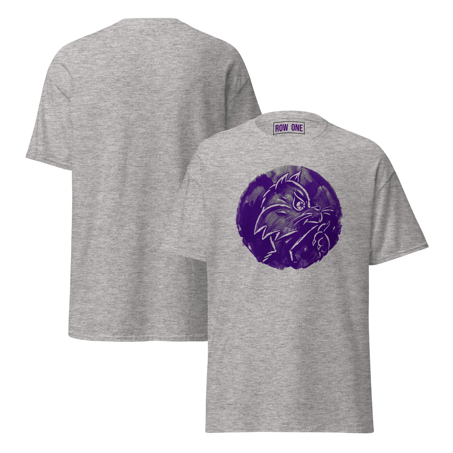 Two heather gray t-shirts shown from the front and back. The front shirt features a circular purple graphic of a cat head, and the back shirt has a small purple 'ROW ONE' label at the inner collar.