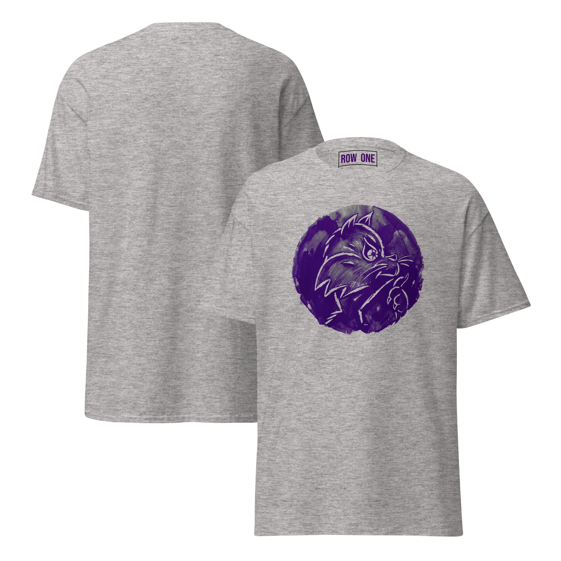 Two heather gray t-shirts shown from the front and back. The front shirt features a circular purple graphic of a cat head, and the back shirt has a small purple 'ROW ONE' label at the inner collar.