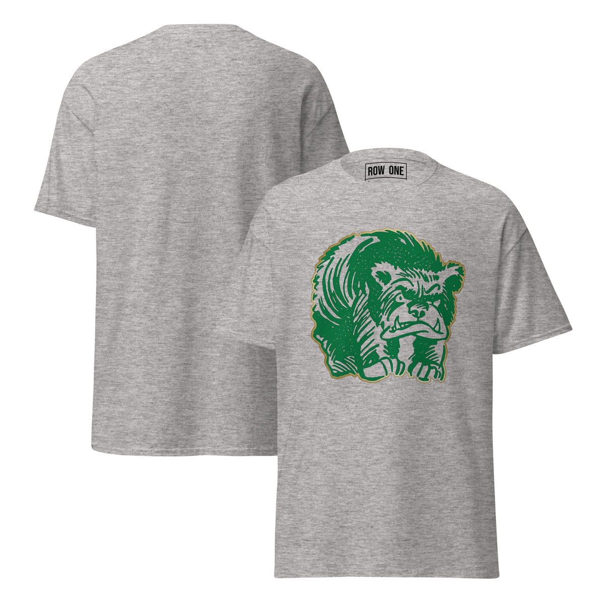Row One™ trademark inside label tee with front graphic design grey t-shirt with a 1950s bear on the chest, shown from front and back views.