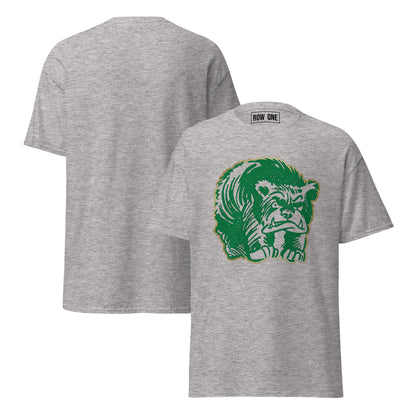 Row One™ trademark inside label tee with front graphic design grey t-shirt with a 1950s bear on the chest, shown from front and back views.