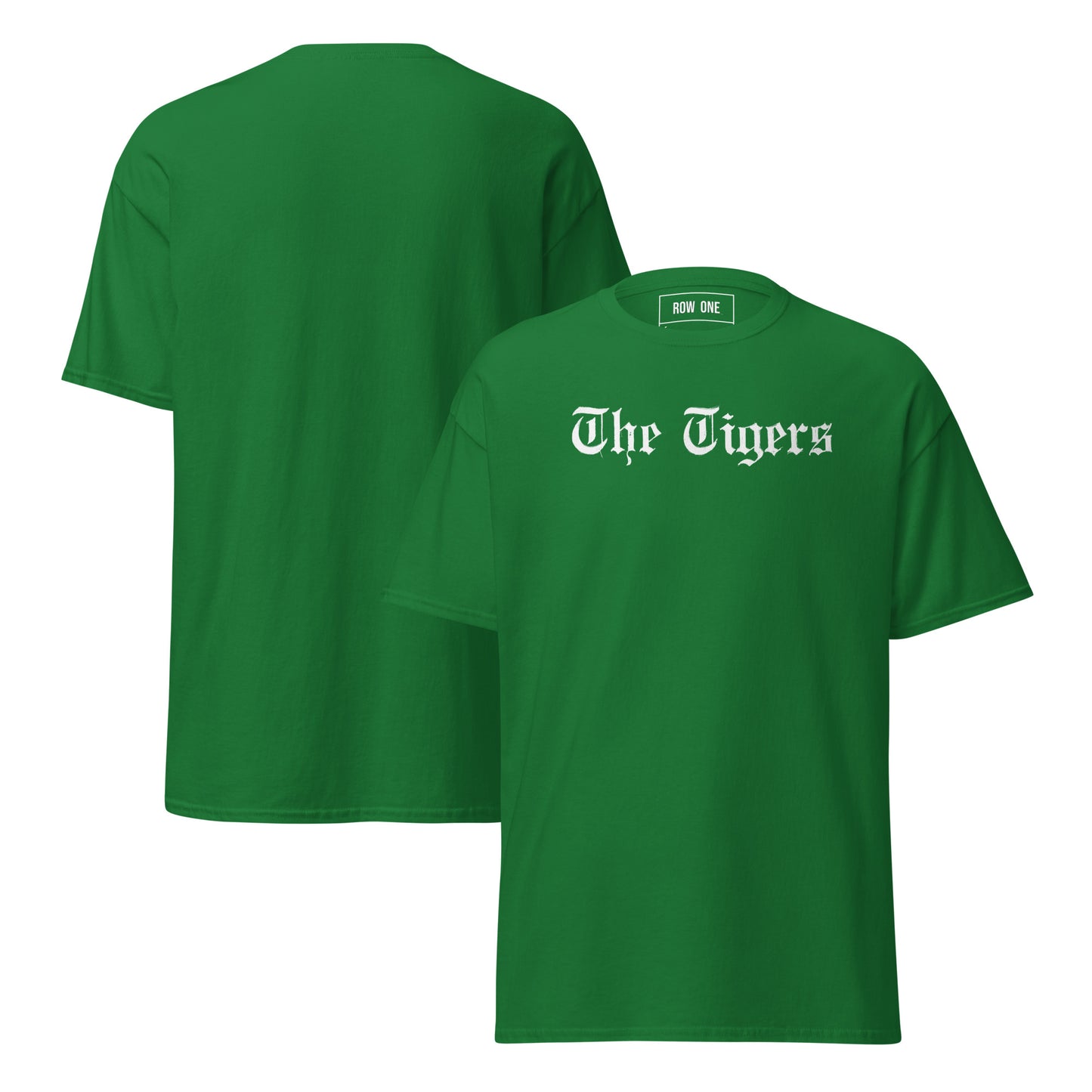 Green t-shirt with "The Tigers" on a white background and Row One trademark in label.