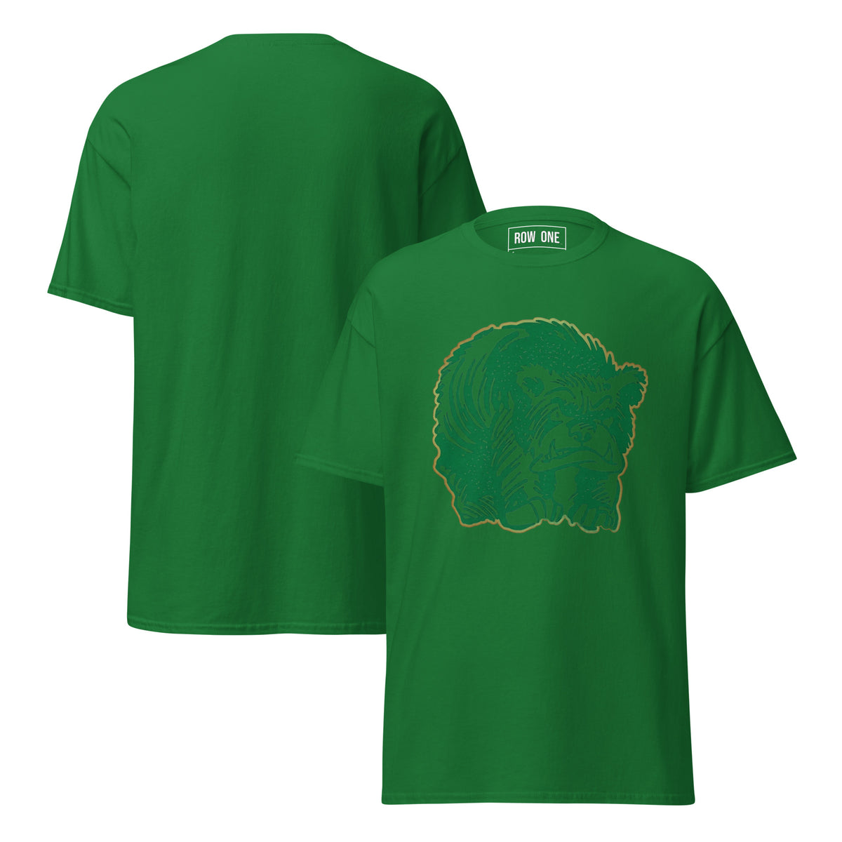 Row One™ trademark inside label tee with front graphic design green t-shirt with a 1950s bear on the chest, shown from front and back views.
