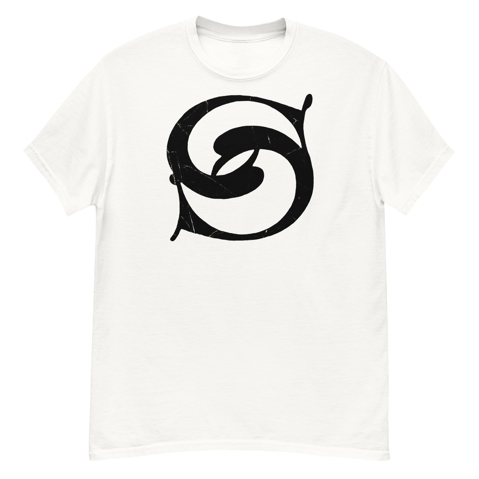 White t-shirt with a black spiral design on a white background