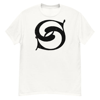 White t-shirt with a black spiral design on a white background