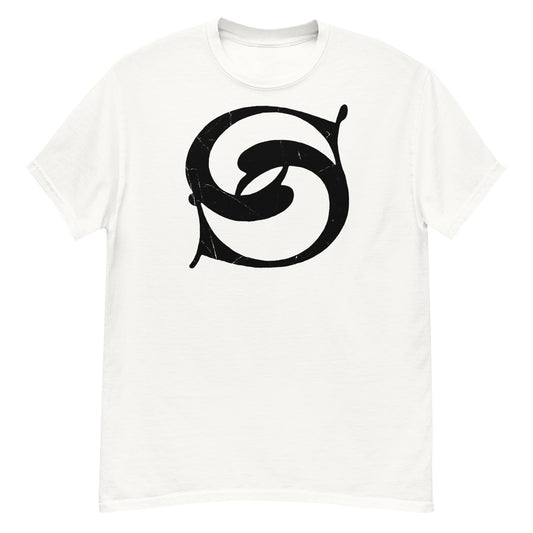 White t-shirt with a black spiral design on a white background
