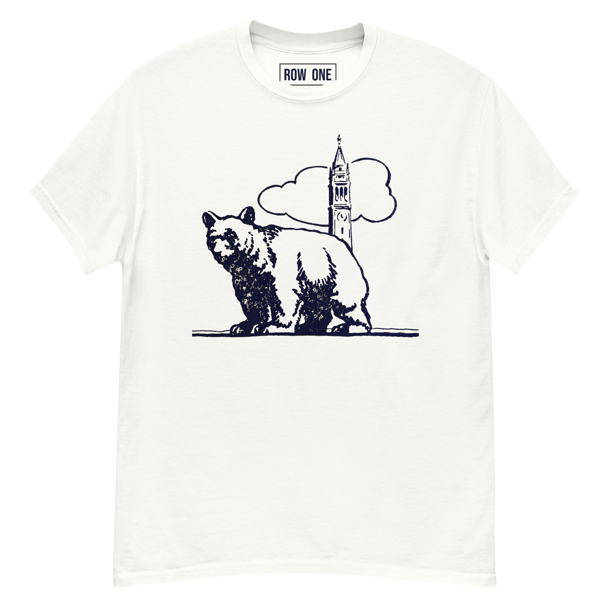 An off-white crewneck t-shirt by Row One, featuring a dark navy blue graphic of a grizzly bear walking in front of a clock tower and clouds.