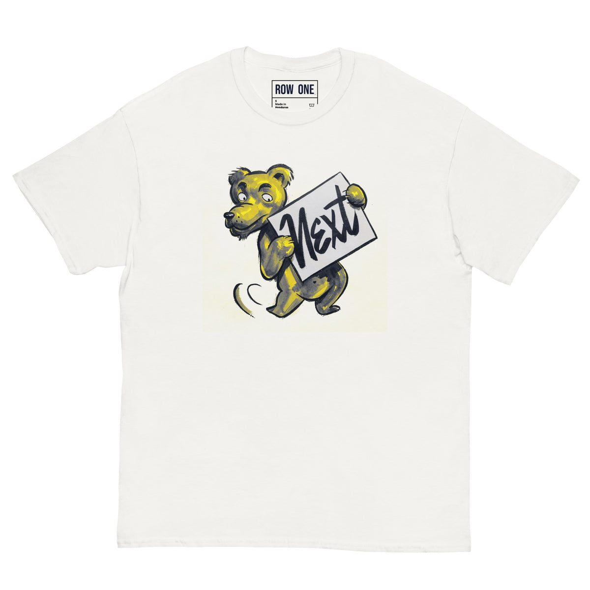 An off-white crewneck t-shirt featuring a graphic of a cartoon bear holding a sign that reads 'Next'. The brand 'ROW ONE' is printed inside the collar.