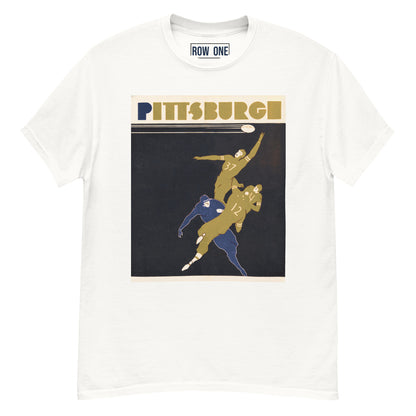 A white crewneck t-shirt featuring a vintage-style Pittsburgh sports graphic on the front with the text 'PITTSBURGH' and an illustration of football players, with 'ROW ONE' printed inside the collar.