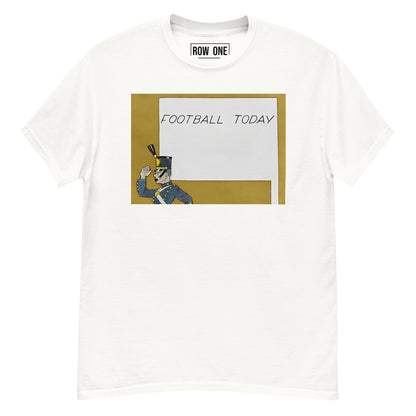 1939 Football Today Vintage College Football White Tee from Row One Brand with Row One trademark inside label. Art shows cadet marching and a sign that reads "Football Today"