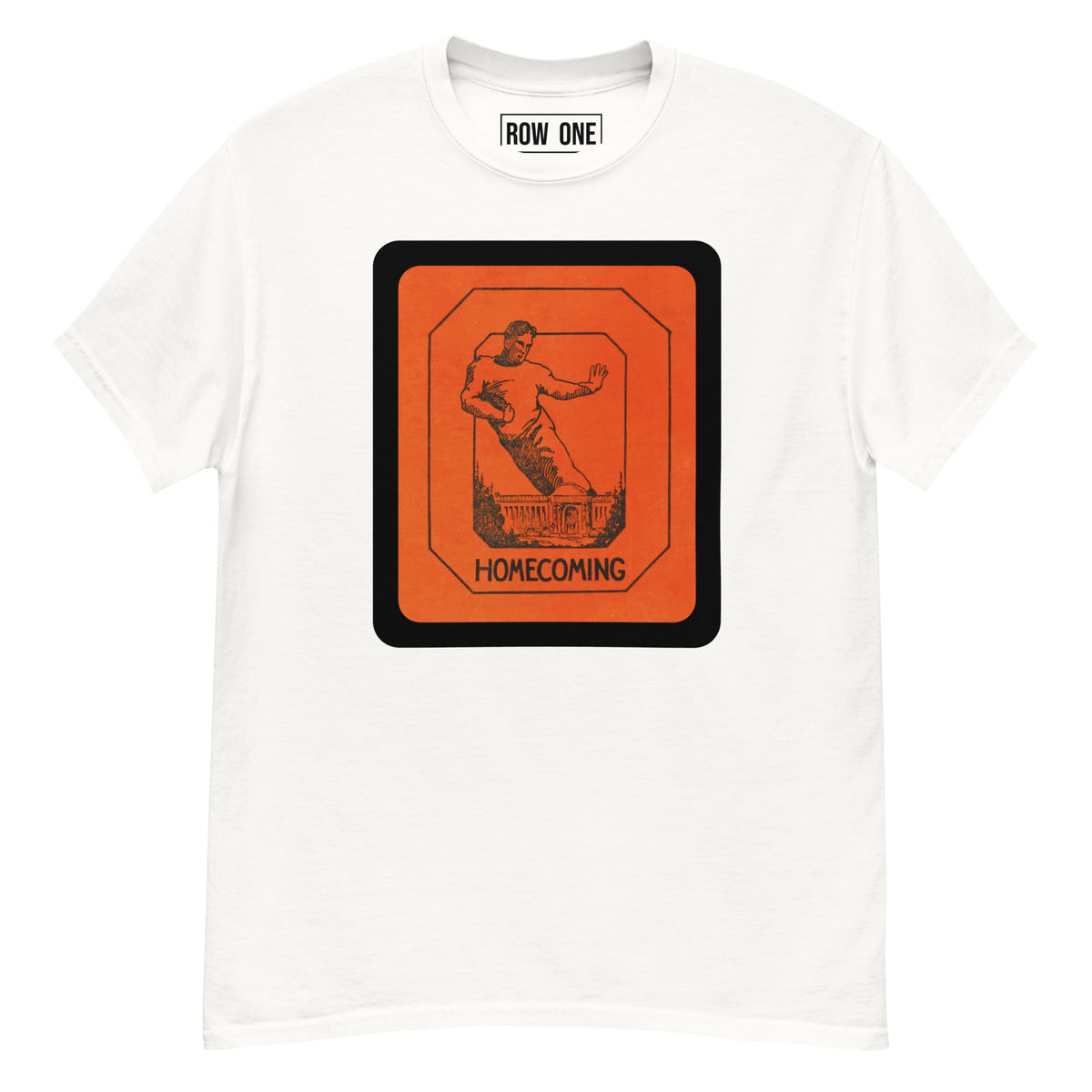 A white crewneck t-shirt featuring a large orange and black graphic print on the front with the text 'HOMECOMING' and an illustration of a football player. The inside collar shows the brand label 'ROW ONE'.