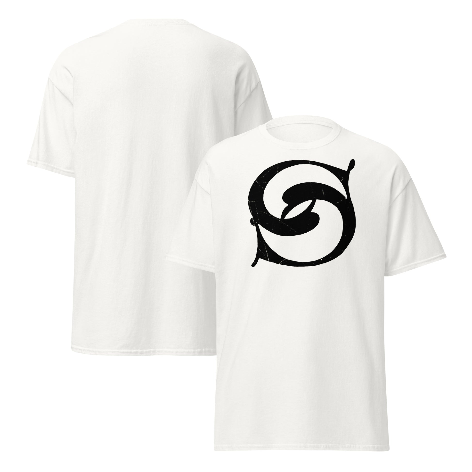 White t-shirt with a black symbol on the front, shown from two angles.