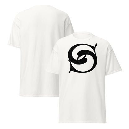 White t-shirt with a black symbol on the front, shown from two angles.