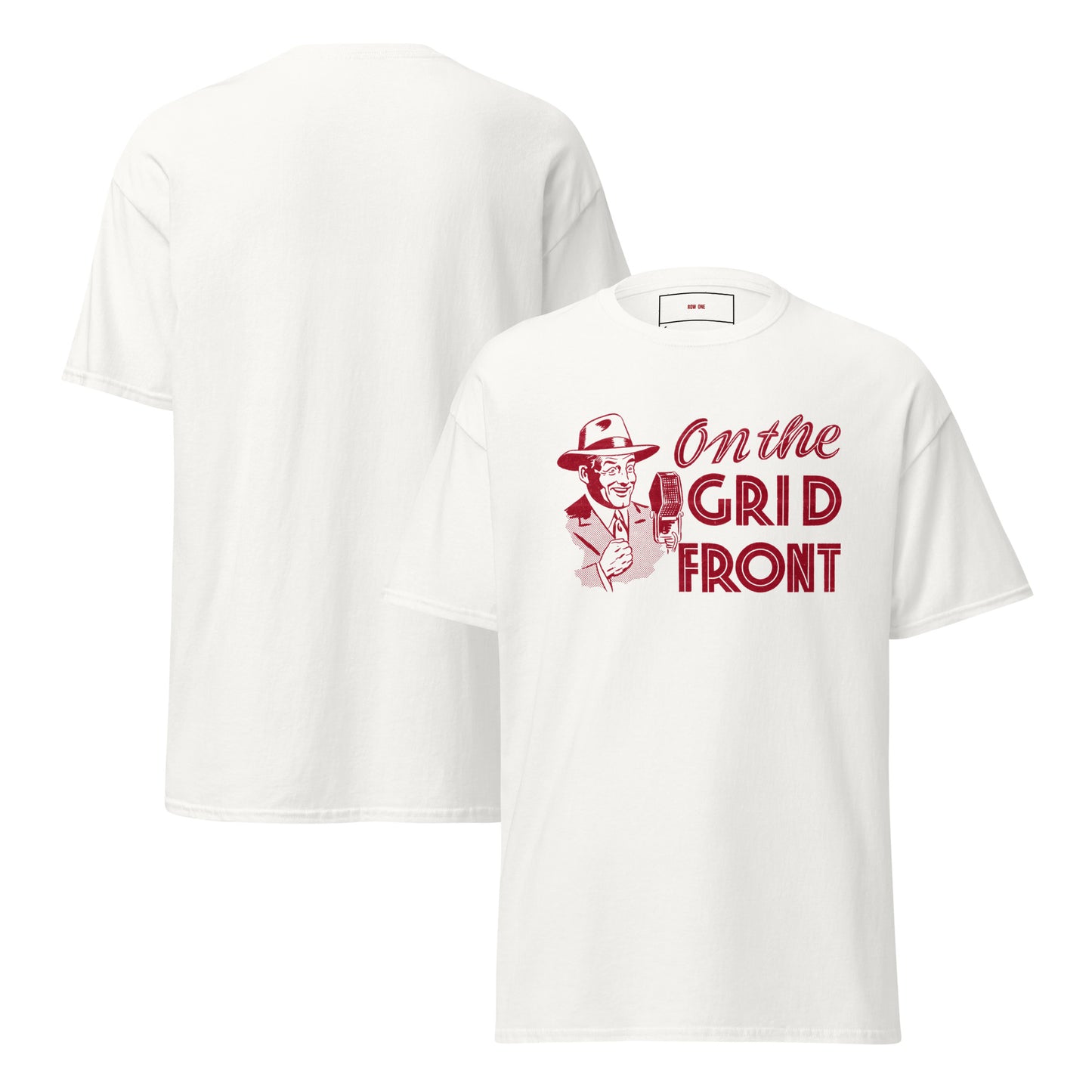 Row One Brand vintage football white Gildan 5000 tee with On the Grid Front 1940s Football Announcer Graphics
