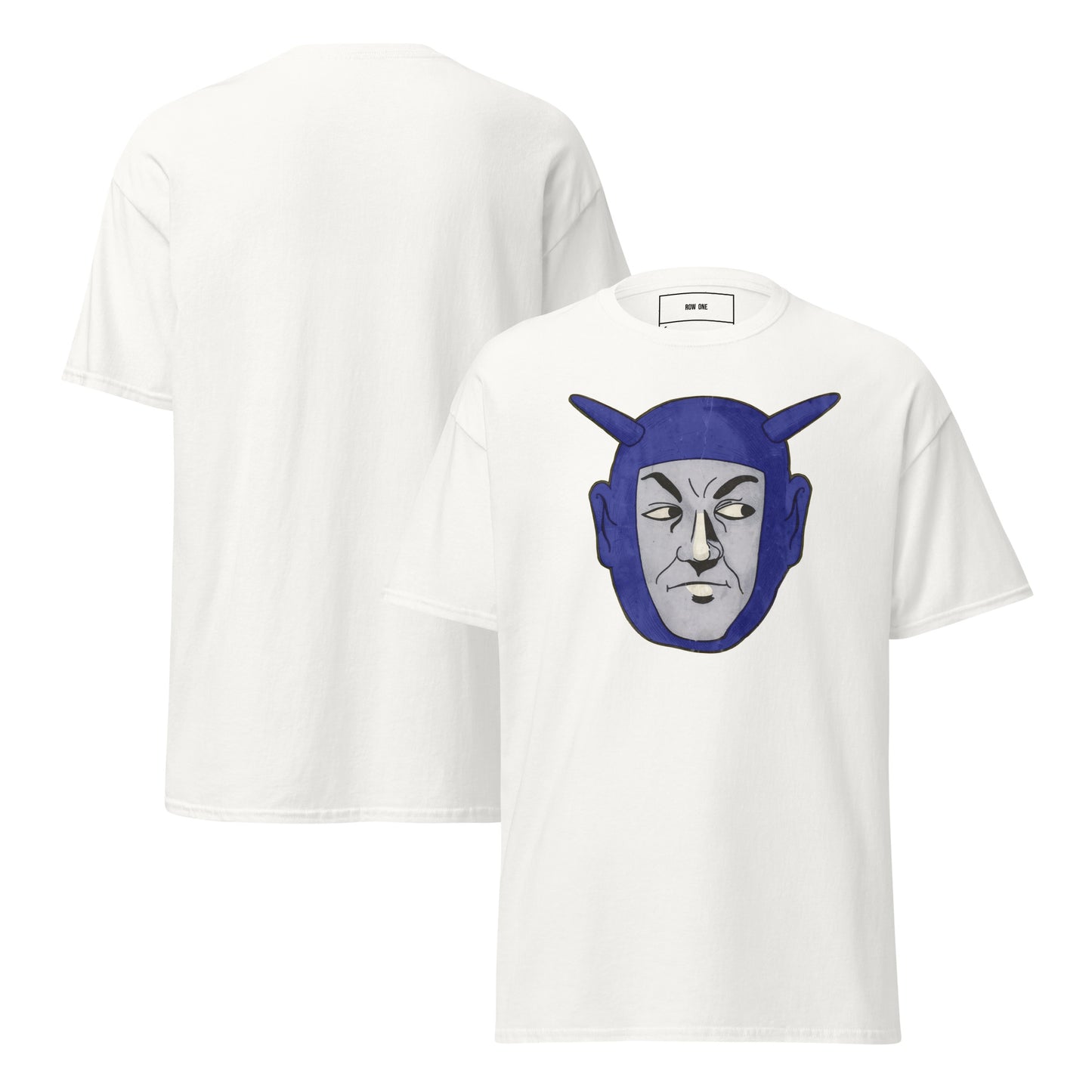A white short-sleeve crewneck t-shirt shown from both the front and back. The front features a graphic print of a stylized blue and gray cartoon devil face.
