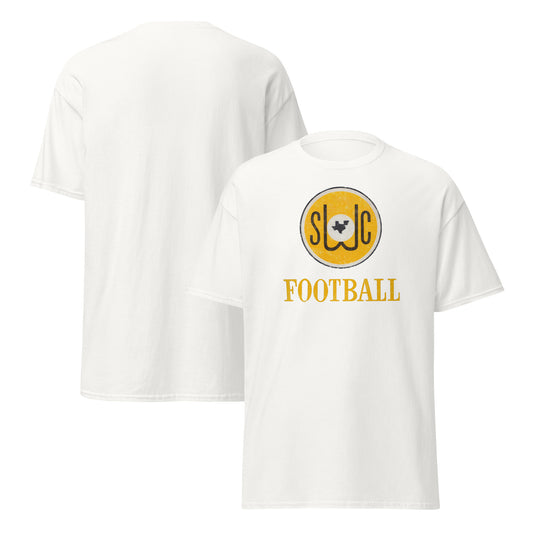 White short-sleeve crewneck t-shirt shown from both front and back. The front features a circular yellow and black logo with the letters 'SWC' and a Texas and Arkansas map icon, with 'FOOTBALL' printed below in yellow.