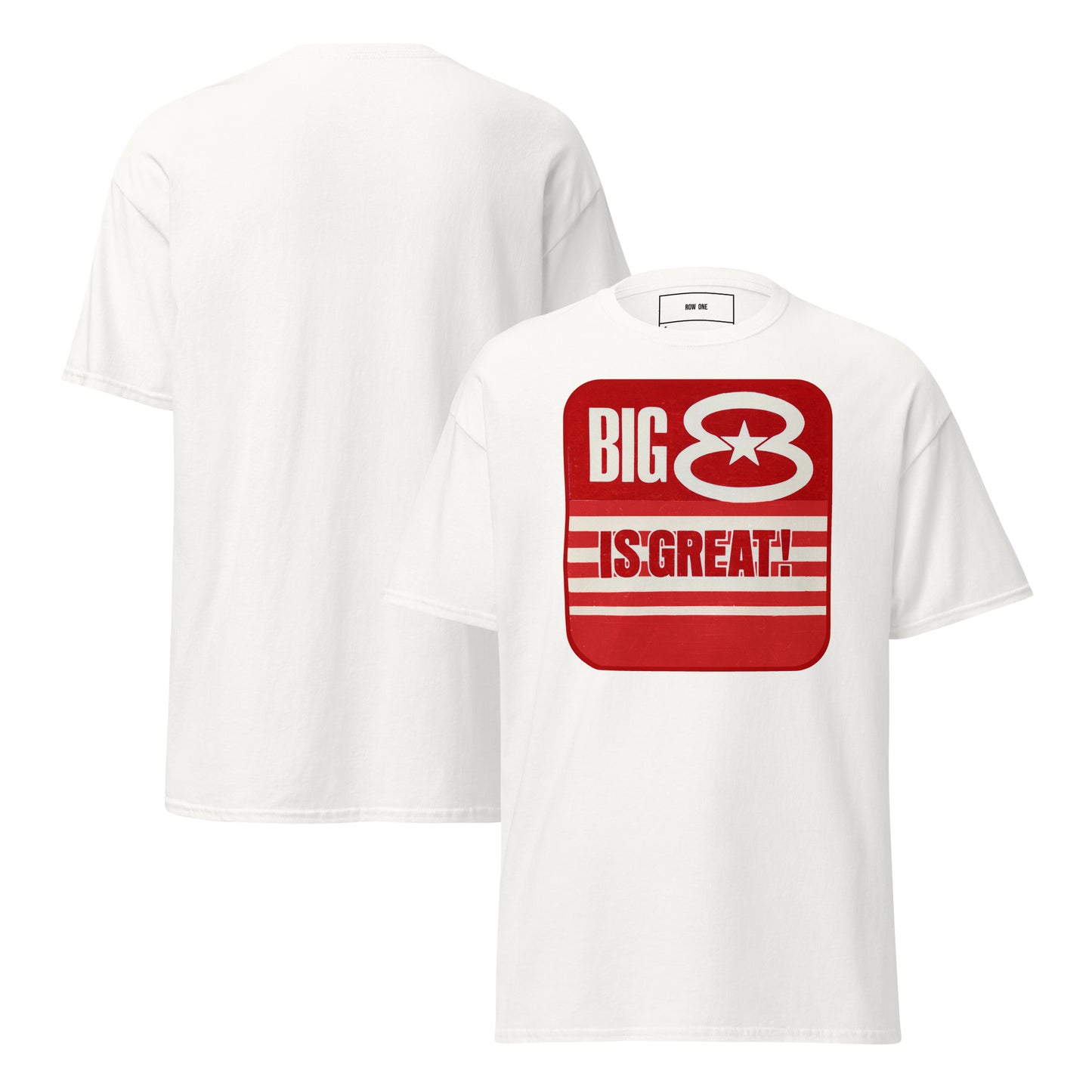 A white Row One Brand vintage college football short-sleeve t-shirt shown from both front and back. The front features a large red graphic print with the text 'BIG 8 IS GREAT!' in white.