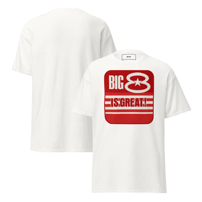 A white Row One Brand vintage college football short-sleeve t-shirt shown from both front and back. The front features a large red graphic print with the text 'BIG 8 IS GREAT!' in white.