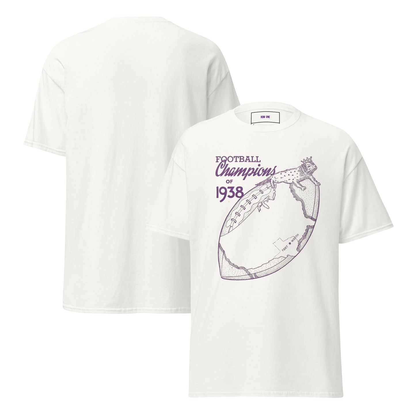 A white short-sleeve t-shirt shown from both front and back. The front features a purple graphic of a football with the text 'FOOTBALL Champions of 1938' and a frog wearing a crown sitting on a United States Map.