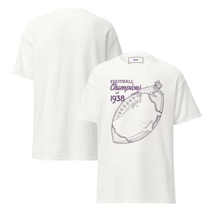 A white short-sleeve t-shirt shown from both front and back. The front features a purple graphic of a football with the text 'FOOTBALL Champions of 1938' and a frog wearing a crown sitting on a United States Map.