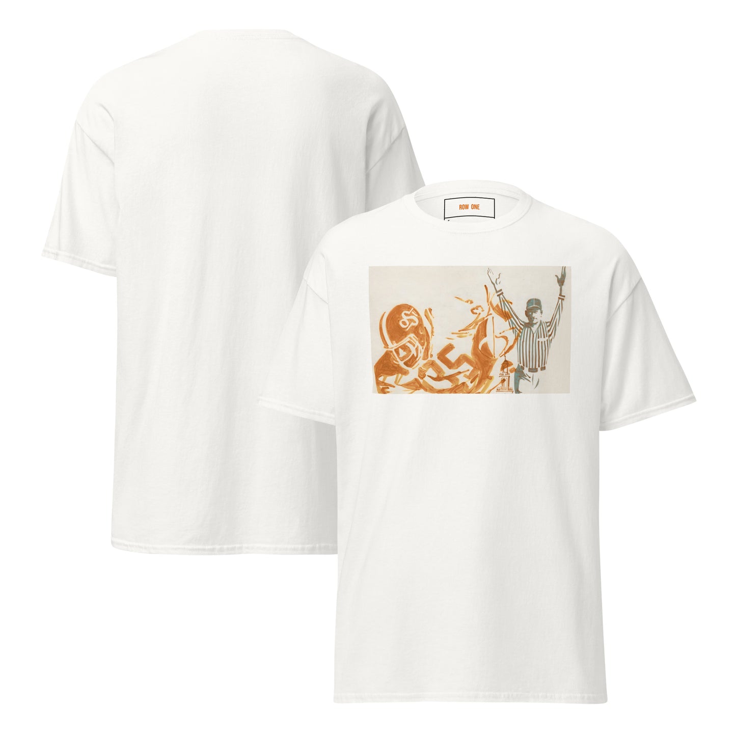 A Row One Brand retro college football tee white short-sleeve t-shirt shown from both front and back. The front features a rectangular graphic print on the chest with an orange and beige illustration of a football player and a referee.