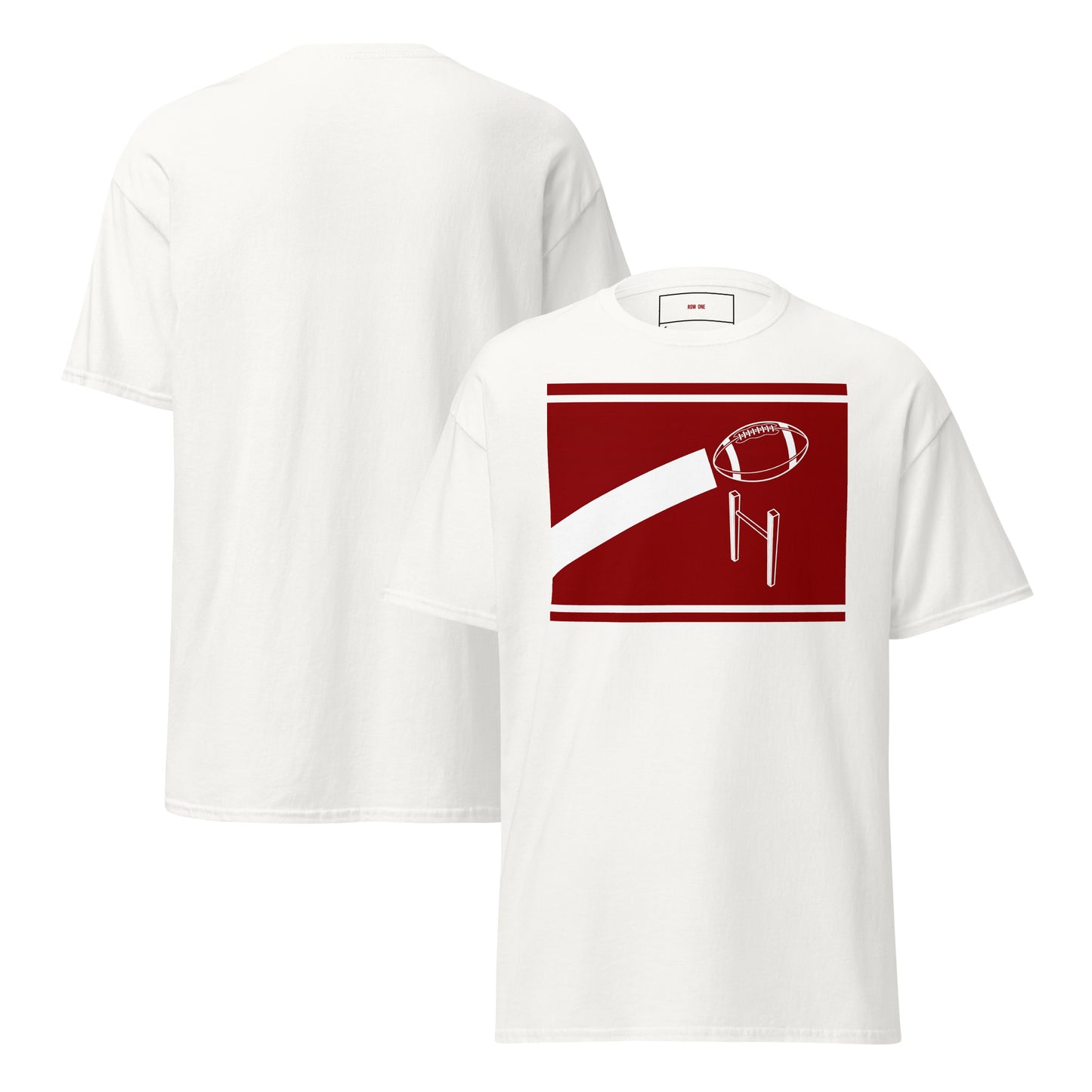 A white short-sleeve t-shirt shown from both front and back. The front features a bold red rectangular graphic with a white football and goalpost design, while the back is plain.