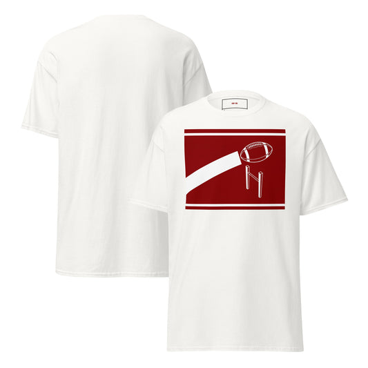 A white short-sleeve t-shirt shown from both front and back. The front features a bold red rectangular graphic with a white football and goalpost design, while the back is plain.