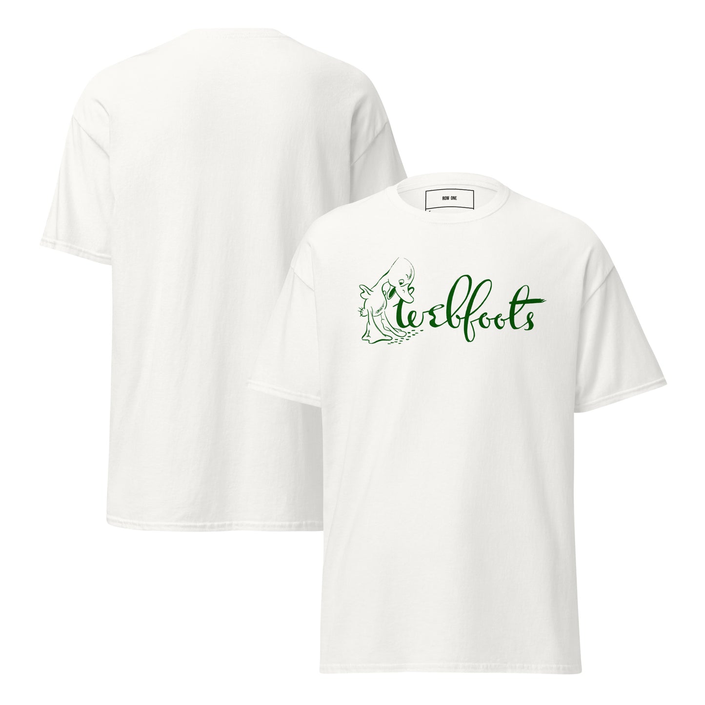 A white short-sleeve crewneck t-shirt shown from both front and back. The front features a green graphic of a tree stump with the word Webfoots written in a stylized green script.