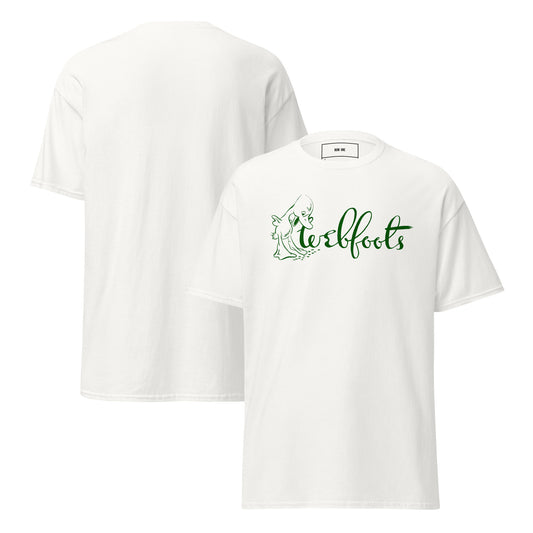 A white short-sleeve crewneck t-shirt shown from both front and back. The front features a green graphic of a tree stump with the word Webfoots written in a stylized green script.