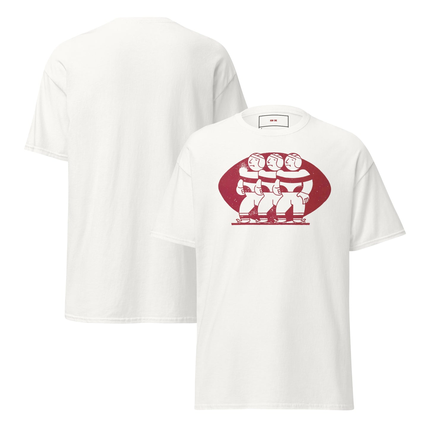 A white short-sleeve t-shirt shown from both front and back. The front features a red graphic of three stylized football players inside a football-shaped outline.