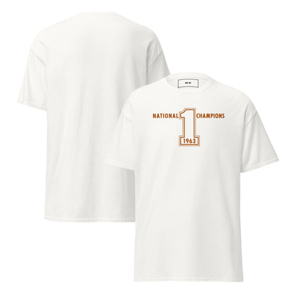 A white short-sleeve t-shirt shown from both front and back. The front features a brownish orange graphic on the chest with the text 'NATIONAL CHAMPIONS' and a large number 1 with '1963' inside.