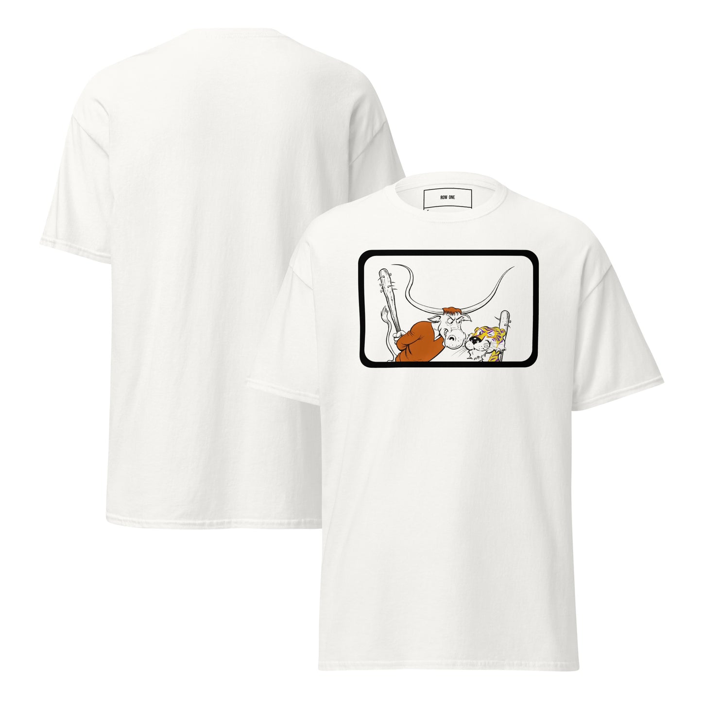 Row One Brand Gildan White Cotton Tee vintage college t-shirt with cartoon longhorn and tiger art graphic and Row One trademark in neck inside