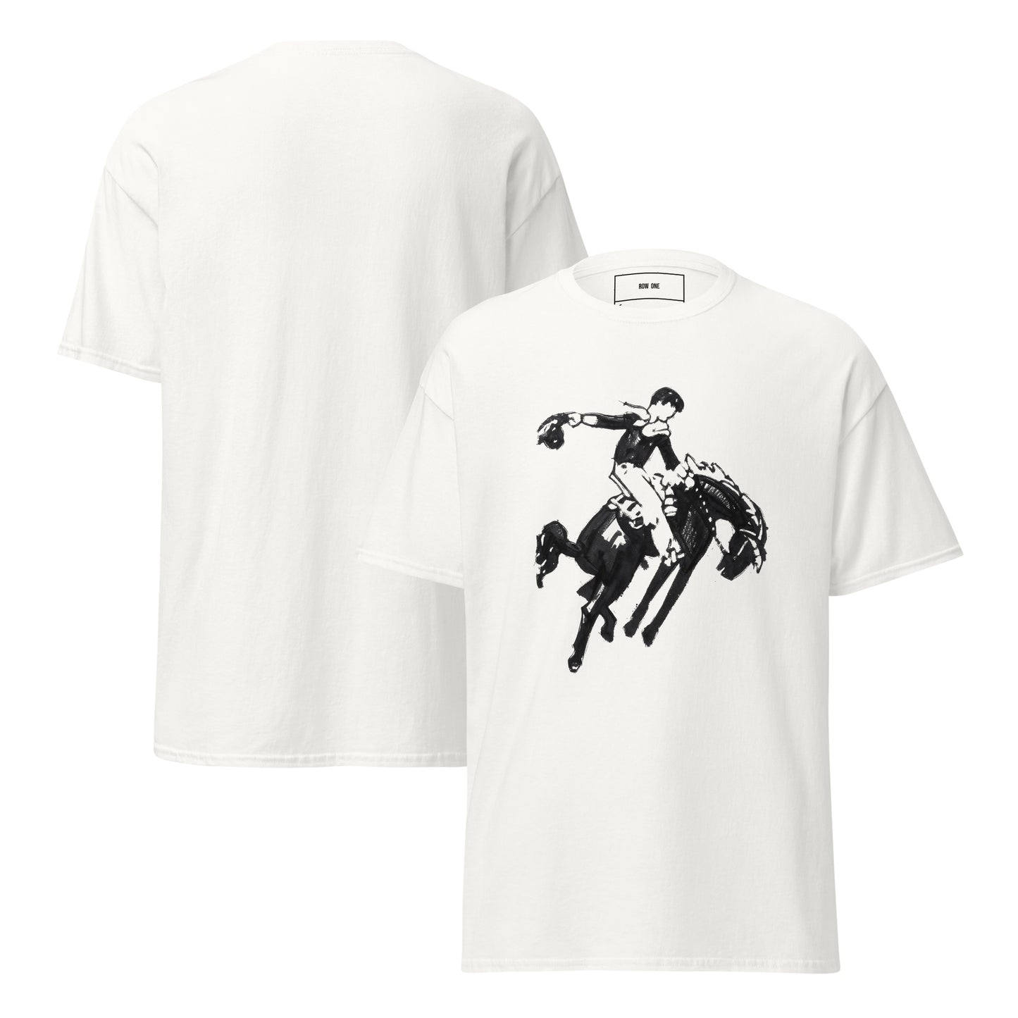 A white Row One Brand vintage college tee short-sleeve crewneck t-shirt shown from both the front and back. The front features a 1950 vintage cowboy on horse black graphic print of a rider on a horse in mid-air, while the back is plain.