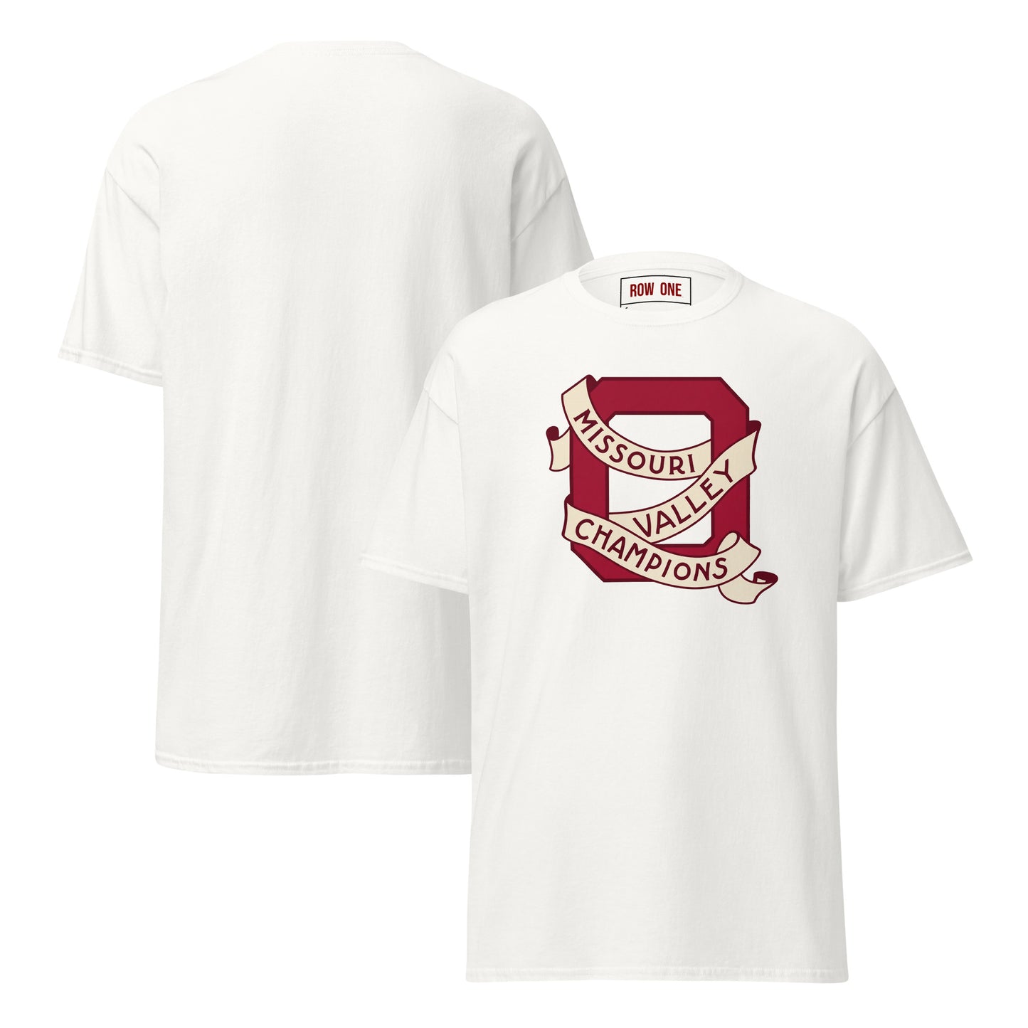 A white crewneck t-shirt shown from both the front and back. The front features a crimson and cream graphic of a large 'O' with a ribbon banner reading 'Missouri Valley Champions'.