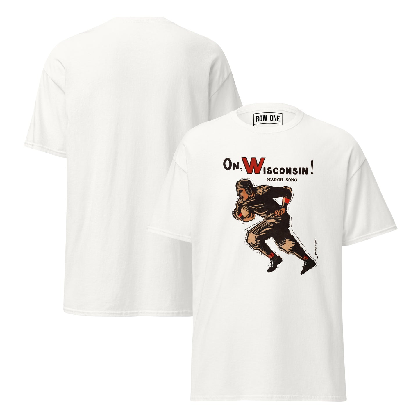 A Row One Brand vintage college tee light heather gray t-shirt shown from both front and back. The front features a graphic of a 1909 football player with the text 'On Wisconsin!' and Carl Beck Artist Signature